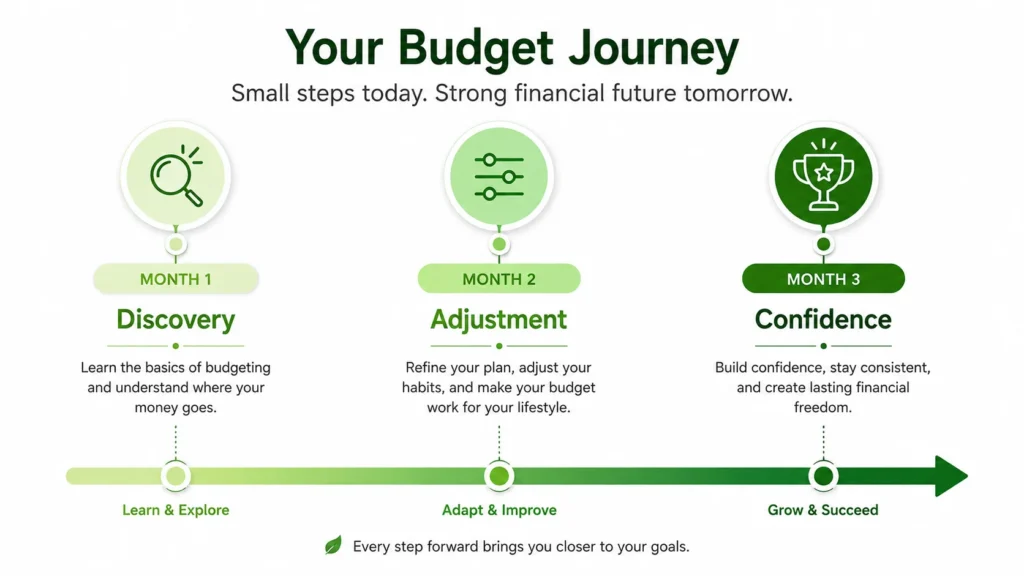 Timeline showing three-month zero based budgeting learning progression from discovery to adjustment to confidence