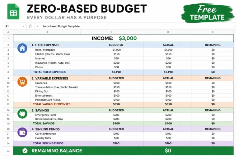 Professional zero based budget template spreadsheet showing income, categorized expenses, and savings allocations reaching exactly $0 remaining balance